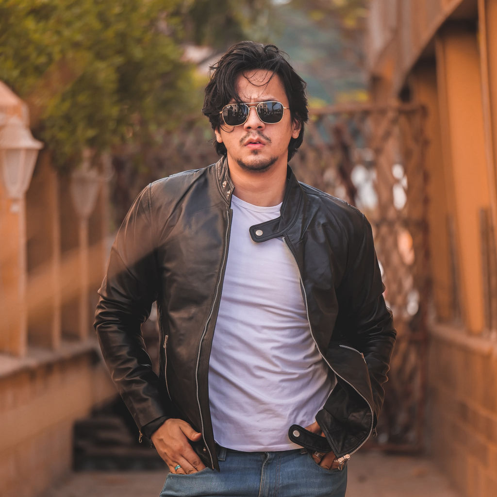 Zipper Biker Mens Leather Jacket Black