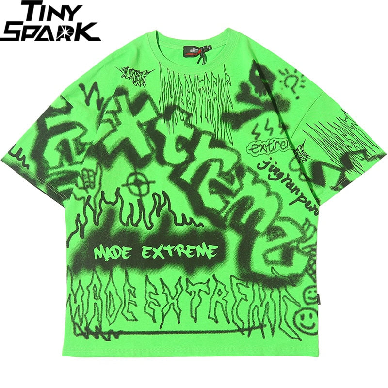 Hip Hop T Shirt Oversize Streetwear Men Graffiti Tshirt Short Sleeve Cotton Summer Harajuku T-Shirt Loose HipHop Green New