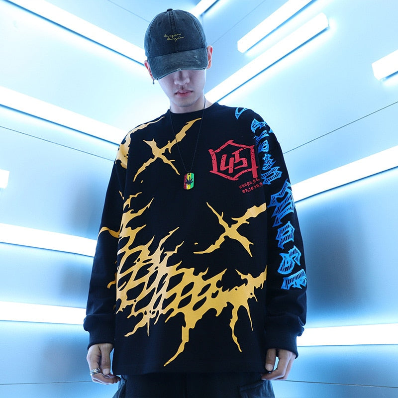 Men Graffiti T Shirt Hip Hop Oversize Streetwear Long Sleeve Harajuku Tshirt Spring HipHop Loose T-shirt Cotton Tops Tees