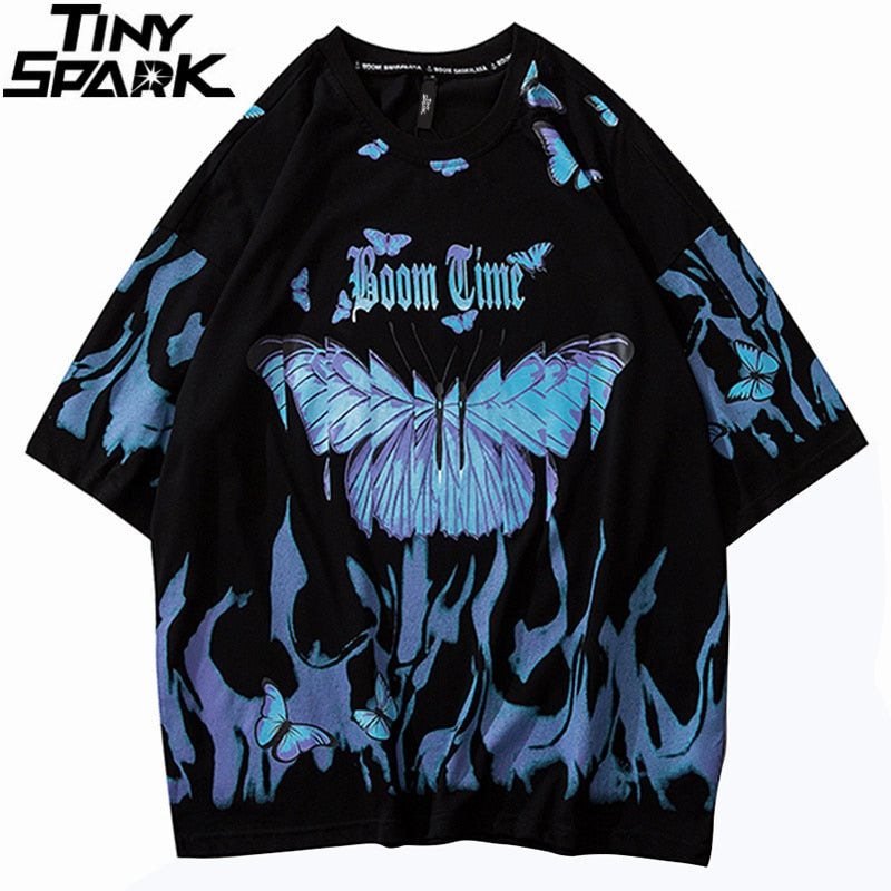 Mens Hip Hop T Shirts Blue Fire Flame Butterfly Streetwear Tshirt  Harajuku Summer Short Sleeve T-Shirt Cotton Tops Tees