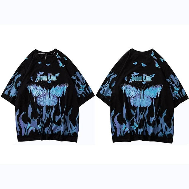Mens Hip Hop T Shirts Blue Fire Flame Butterfly Streetwear Tshirt  Harajuku Summer Short Sleeve T-Shirt Cotton Tops Tees