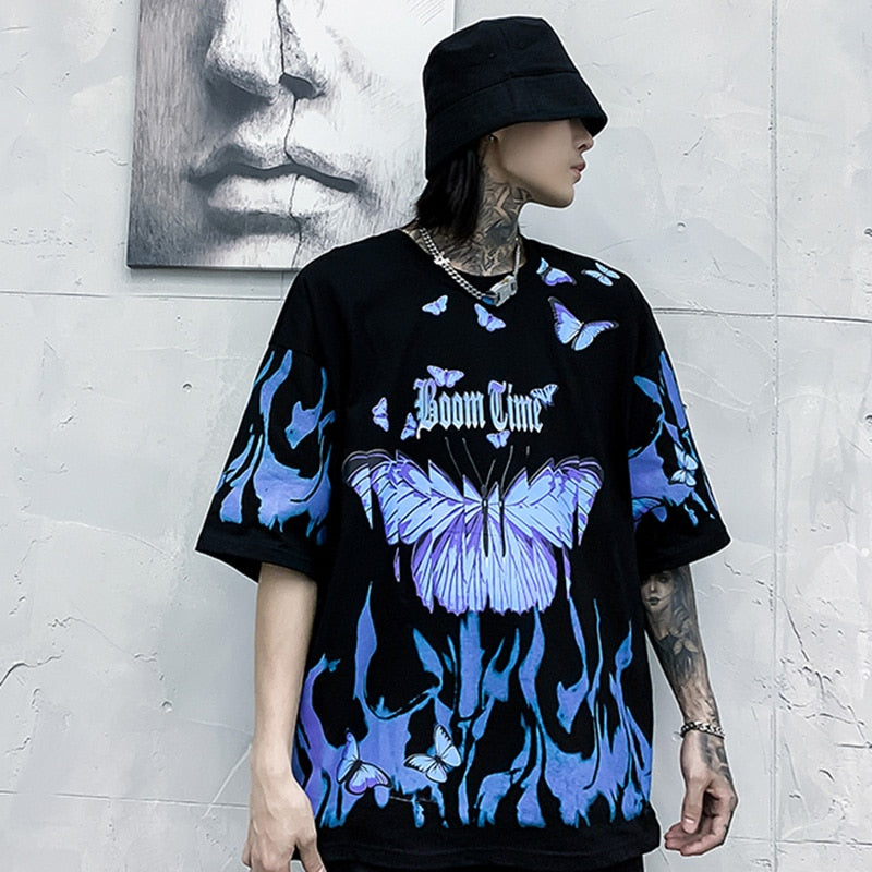 Mens Hip Hop T Shirts Blue Fire Flame Butterfly Streetwear Tshirt  Harajuku Summer Short Sleeve T-Shirt Cotton Tops Tees