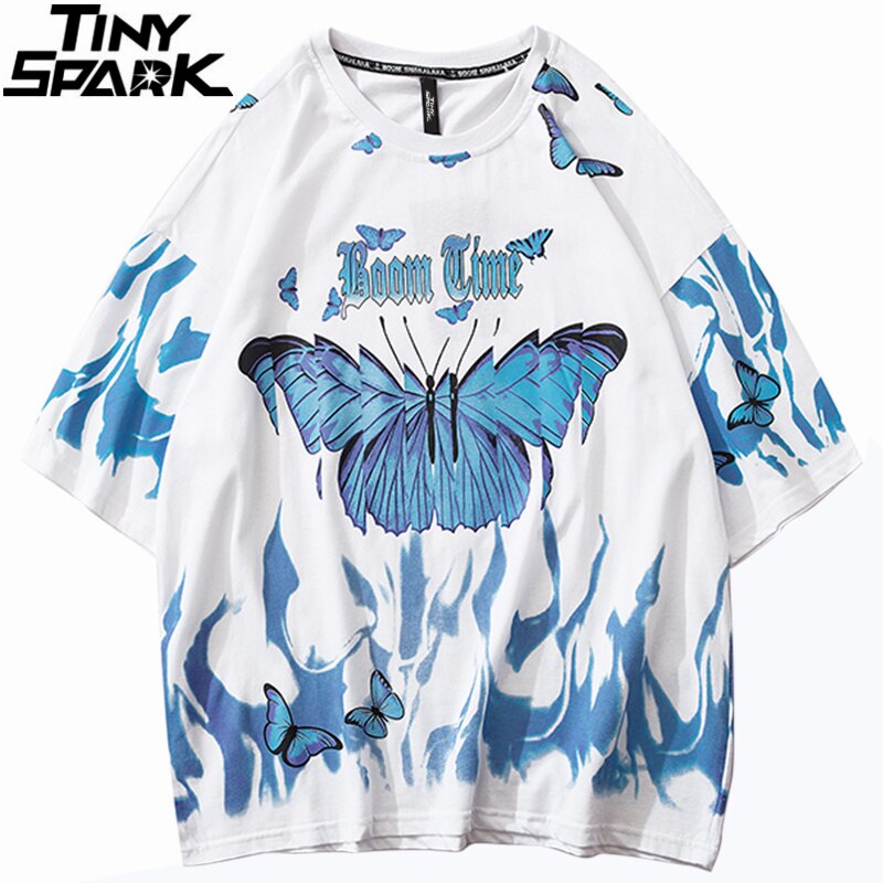 Mens Hip Hop T Shirts Blue Fire Flame Butterfly Streetwear Tshirt  Harajuku Summer Short Sleeve T-Shirt Cotton Tops Tees