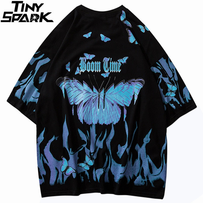 Mens Hip Hop T Shirts Blue Fire Flame Butterfly Streetwear Tshirt  Harajuku Summer Short Sleeve T-Shirt Cotton Tops Tees