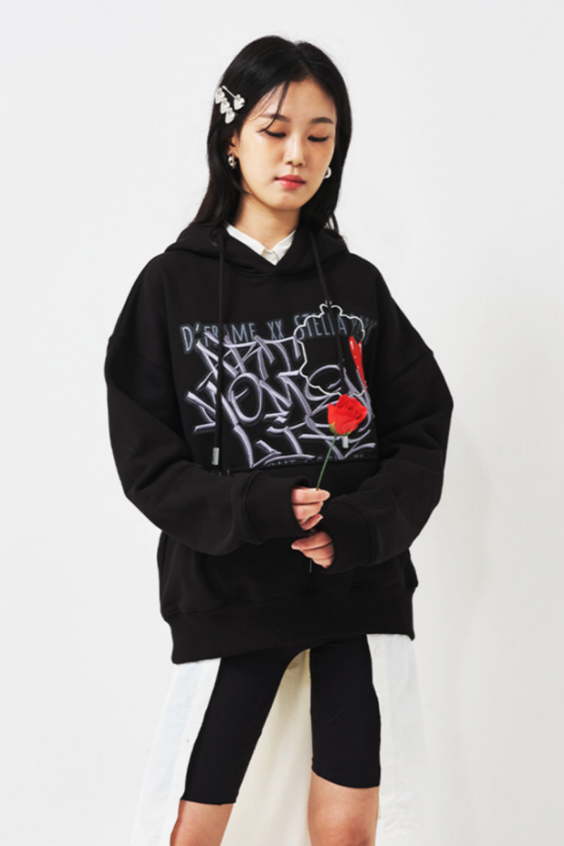 [ CLOUD CAKE ] DFRAME 3D graffiti embroidered hoodie Black