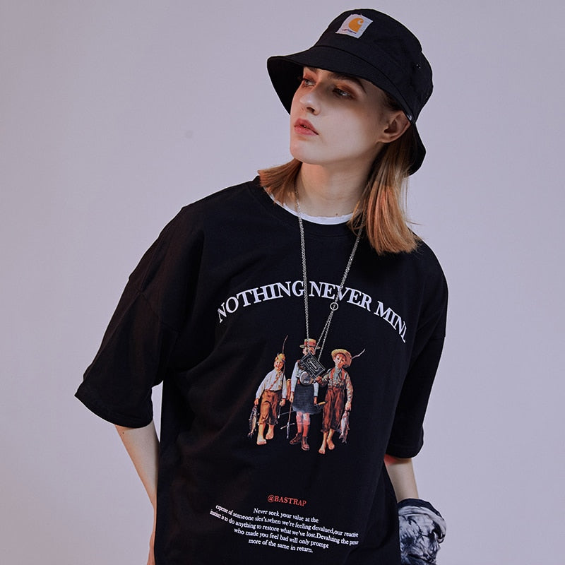 Mens Hip Hop T Shirts Streetwear Retro Childhood Harajuku Tshirt Short Sleeve Summer T-Shirt Cotton Tops Tees Black White