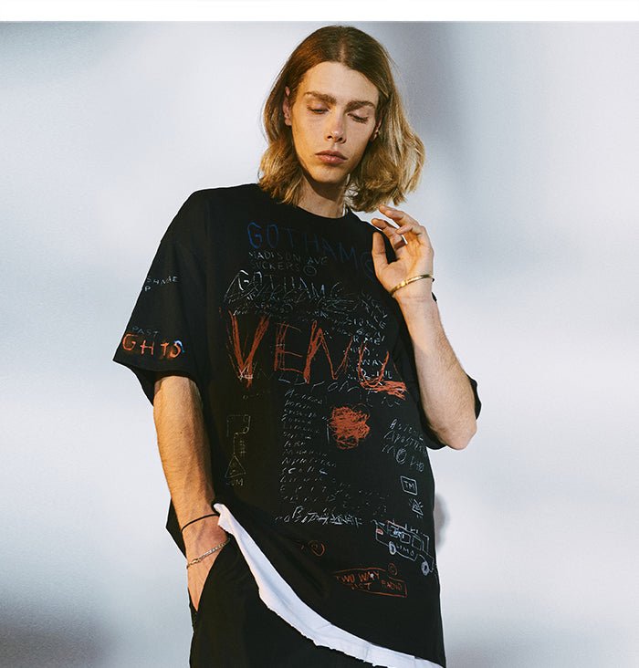 DARK Hip Hop Cartoon Letter Graffiti T Shirt Men Harajuku Streetwear Tops Tees Casual Cotton Short Sleeve tshirts