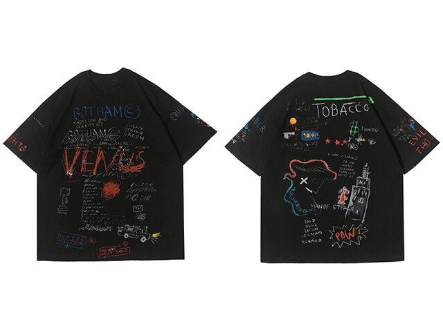 DARK Hip Hop Cartoon Letter Graffiti T Shirt Men Harajuku Streetwear Tops Tees Casual Cotton Short Sleeve tshirts