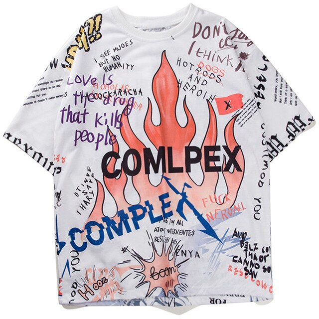 Mens Short Sleeve T-shirt Graffiti Tees Shirts Flame Print Skateboard Tshirts Male Cotton Hip Hop Streetwear KJ54