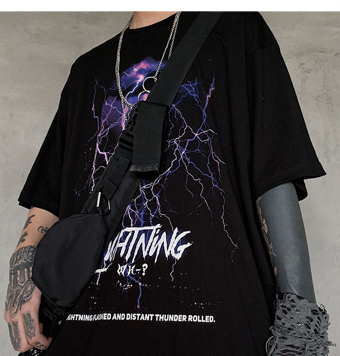 Lightning Print T Shirt Men Summer Casual Tshirt Tees Hip Hop Harajuku Loose Streetwear Short Sleeve Shirts